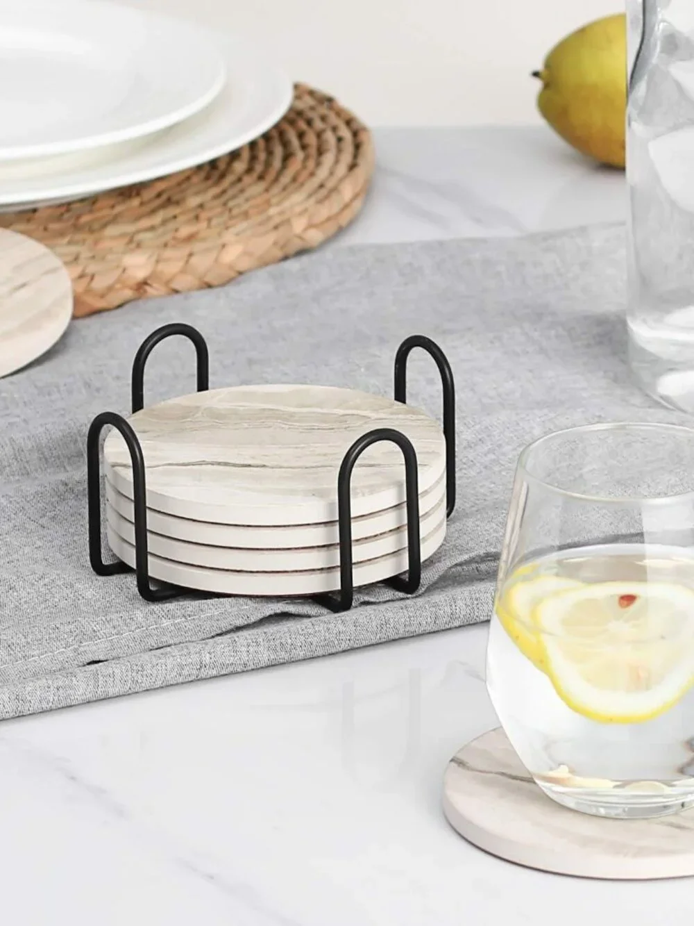 Coasters Set of 6, Coasters for Drinks Absorbent Stone with Holder, Black Marble